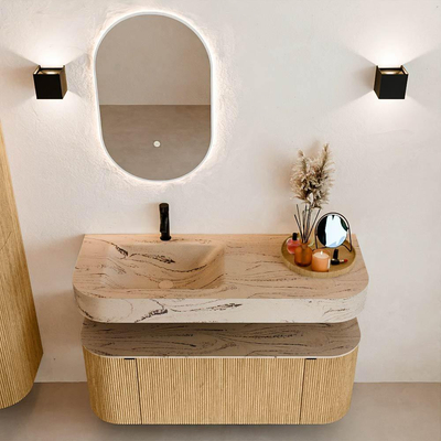 MONDIAZ THOR-DLUX 120cm badmeubel ronding links + rechts kleur Oak met 1 lade en 2 deuren. Vrijhangende wastafel CLOUD Links 1 kraangat kleur Arena.