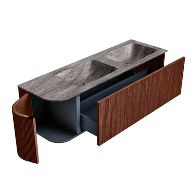 MONDIAZ KURVE-DLUX Meuble de salle de bains 145cm arrondi à gauche couleur Ruby avec 1 tiroir et 1 porte. Lavabo LEAF Double / Droite 2 trous de robinet Oza.