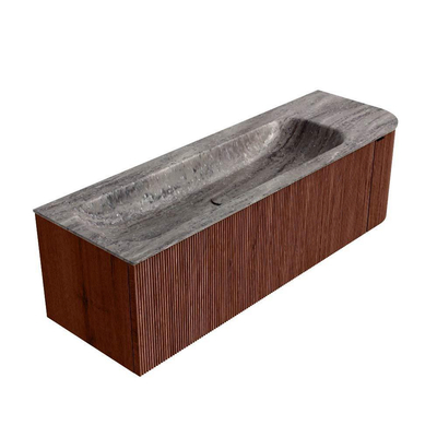 MONDIAZ KURVE-DLUX Meuble de salle de bains 145cm arrondi à droite couleur Ruby avec 1 tiroir et 1 porte. Lavabo BIG LARGE à gauche sans trou de robinet Oza.