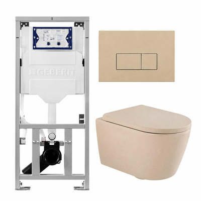 QeramiQ Dely Swirl Toiletset - 36.3x51.7cm - Geberit UP320 inbouwreservoir - met Burda frame - 35mm zitting - bedieningsplaat beige - rechthoekige knoppen - mat beige