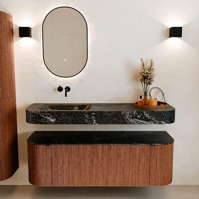 MONDIAZ THOR-DLUX 140cm meuble de salle de bains arrondi gauche + droite couleur Ruby avec 1 tiroir et 2 portes. Vasque suspendue CLOUD Gauche sans trou de robinet couleur Lava.