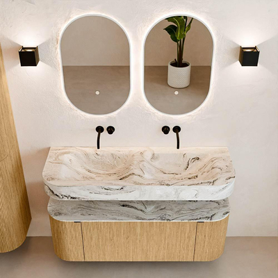 MONDIAZ THOR-DLUX 130cm badmeubel ronding links + rechts kleur Oak met 1 lade en 2 deuren. Vrijhangende wastafel CLOUD Dubbel zonder kraangat kleur Glace.