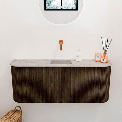 Mondiaz JOYA-DLUX Meuble de salle de bains 103,2cm - arrondis gauche et droite couleur Noyer - Vasque FAYE position Milieu Sans trou de robinet couleur Glace