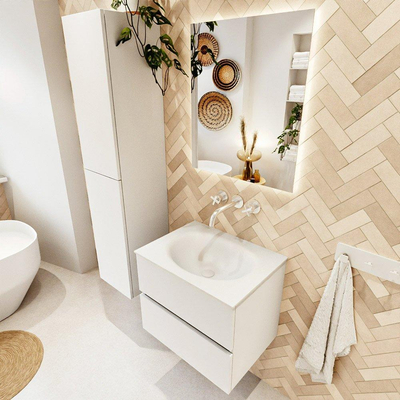 MONDIAZ VICA meuble sous lavabo 60cm Talc 2 tiroirs. Lavabo MOON central sans trou de robinet, couleur Talc.