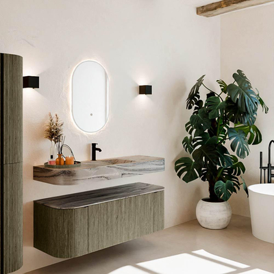 MONDIAZ THOR-DLUX 130cm meuble de salle de bains arrondi gauche + droite couleur Shadow avec 1 tiroir et 2 portes. Vasque suspendue CLOUD Milieu 1 trou de robinet couleur Sombra.