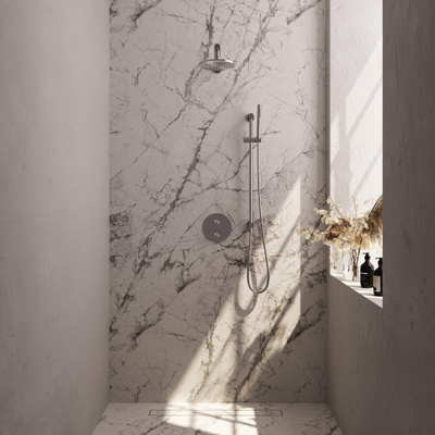 BRAUER Brushed Carving thermostatische Inbouw Regendouche - 3-weg - rond - set 85 - 20cm hoofddouche - rechte muurarm - staaf handdouche - doucheslang - geïntegreerde glijstang - RVS geborsteld PVD