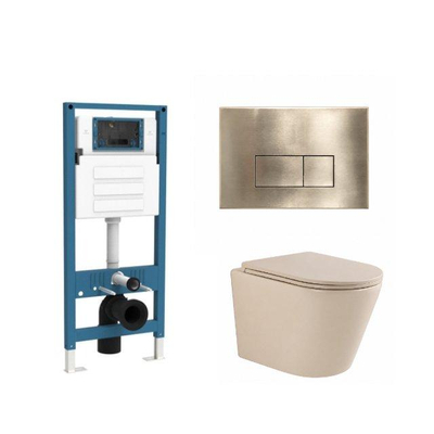 QeramiQ Dely Ensemble de toilette - réservoir encastré Qeramiq Flush - abattant slim - plaque de commande en métal laiton brossé - boutons rectangulaires - beige