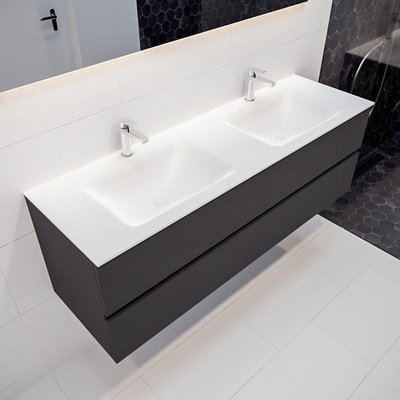MONDIAZ VICA Ensemble de meuble salle de bain - 150cm - 2 tiroirs - lavabo Cloud double - 2 trous de robinet - solid surface gris foncé