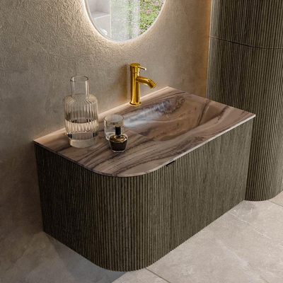 MONDIAZ KURVE-DLUX Meuble de salle de bains 75cm arrondi à gauche couleur Shadow avec 1 tiroir et 1 porte. Lavabo GRUNNE à droite 1 trou de robinet Sombra.