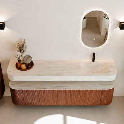 MONDIAZ THOR-DLUX 190cm badmeubel ronding links + rechts kleur Ruby met 2 lades en 2 deuren. Vrijhangende wastafel CLOUD Rechts 1 kraangat kleur Meli.