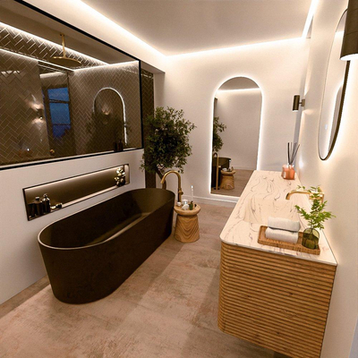 Mondiaz CIRO-DLUX Ensemble de meubles de salle de bains - 190x45x50cm - Vasque en solid surface Nata - 1 bassin à droite - sans trous de robinet - 4 tiroirs - Chêne