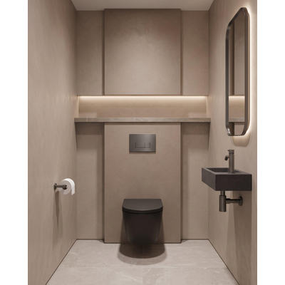 QeramiQ Dely Toiletset - 36.3x51.7cm - diepspoel - rimless - Geberit UP320 inbouwreservoir - softclose toilet zitting - 35mm - gunmetal bedieningsplaat - rechthoekige knoppen - mat zwart