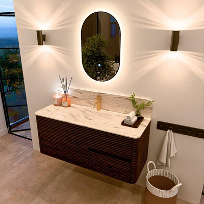 Mondiaz CIRO-DLUX Badkamermeubelset - 120x45x50cm - Solid surface wastafel Nata - 1 wasbak Midden - 1 kraangat - 2 lades - Walnut