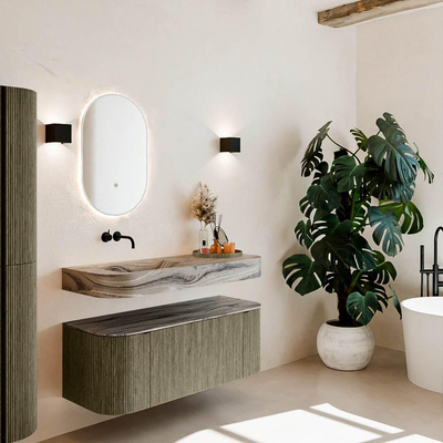 MONDIAZ THOR-DLUX 120cm meuble de salle de bains arrondi gauche + droite couleur Shadow avec 1 tiroir et 2 portes. Vasque suspendue CLOUD Gauche sans trou de robinet couleur Sombra.