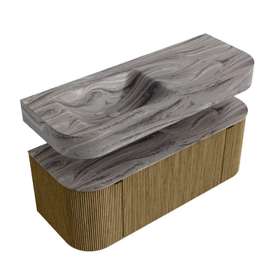 MONDIAZ THOR-DLUX 120cm meuble de salle de bains arrondi gauche + droite couleur Dusk avec 1 tiroir et 2 portes. Vasque suspendue CLOUD Gauche 1 trou de robinet couleur Sombra.