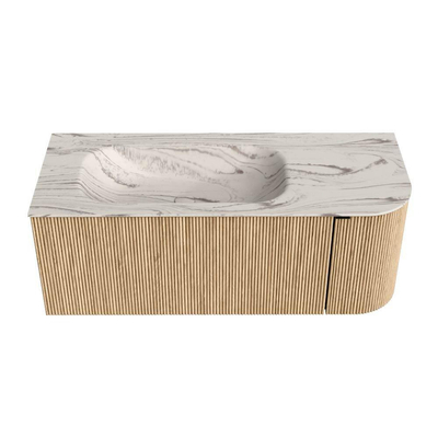 MONDIAZ KURVE-DLUX Meuble de salle de bains 115 cm arrondi à droite couleur Oak avec 1 tiroir et 1 porte. Vasque BIG SMALL à gauche sans trou de robinet Nata.