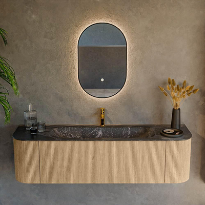 MONDIAZ KURVE-DLUX 160cm Meuble salle de bain avec module 25 G et D - couleur Oak - 1 tiroir - 2 portes - vasque BIG MEDIUM centre - 1 trou de robinet - couleur Lava