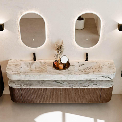 MONDIAZ THOR-DLUX 200cm meuble de salle de bains arrondi gauche + droite couleur Walnut avec 2 tiroirs et 2 portes. Vasque suspendue CLOUD Double 2 trous de robinet couleur Glace.