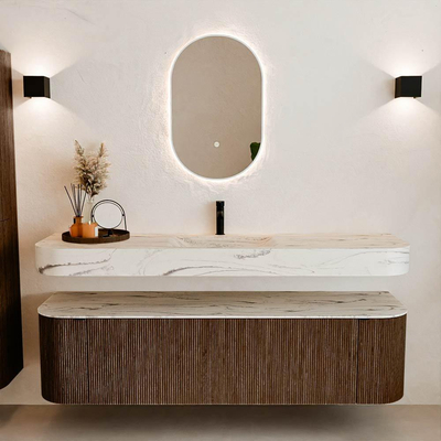 MONDIAZ THOR-DLUX 170cm meuble de salle de bains arrondi gauche + droite couleur Walnut avec 1 tiroir et 2 portes. Vasque suspendue CLOUD Milieu 1 trou de robinet couleur Nata.