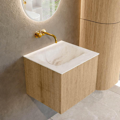MONDIAZ KURVE-DLUX Meuble de salle de bains 50cm couleur Oak avec 1 tiroir. Lavabo GRUNNE centré sans trou de robinet couleur Frappe.