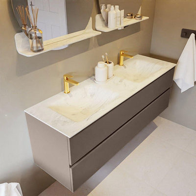 Mondiaz VICA-DLUX ensemble de meuble de salle de bain - 150cm - meuble sous-vasque fumée - 2 tiroirs - lavabo encastré nuage double - 2 trous de robinet - version haute 60cm - opalo