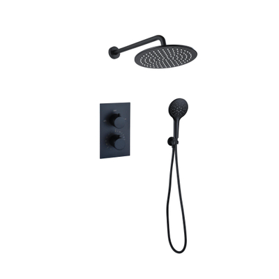 Fortifura Calvi Ensemble de douche à encastrer - thermostatique - bras mural - douche principale de 30 cm - douchette ronde - flexible de douche en métal - noir mat