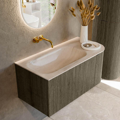 MONDIAZ KURVE-DLUX meuble de salle de bains 95cm arrondi droit couleur Shadow avec 1 tiroir et 1 porte. Vasque BIG SMALL gauche sans trou de robinet Meli.