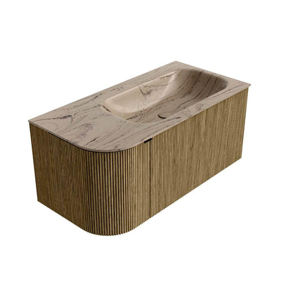 MONDIAZ KURVE-DLUX Meuble de salle de bains 95cm arrondi à gauche couleur Dusk avec 1 tiroir et 1 porte. Lavabo BIG SMALL à droite sans trou de robinet Arena.