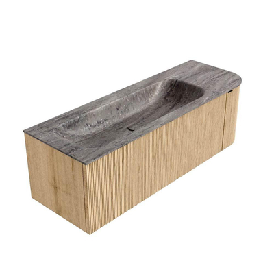 MONDIAZ KURVE-DLUX Meuble de salle de bains 135cm arrondi à droite couleur chêne avec 1 tiroir et 1 porte. Lavabo BIG MEDIUM à gauche sans trou de robinet Oza.