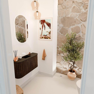 Mondiaz JOYA Meuble de salle de bains 83,2cm - arrondis gauche et droite couleur Walnut - Vasque FAYE position Milieu 1 trou de robinet couleur Urban