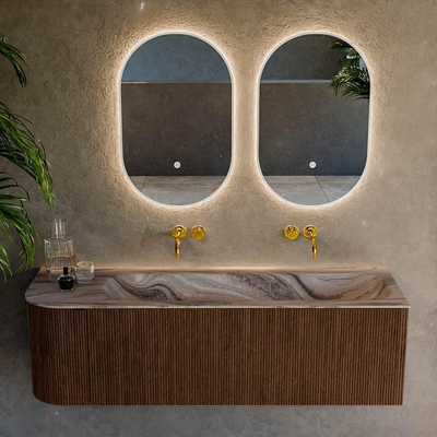 MONDIAZ KURVE-DLUX Meuble de salle de bains 145cm arrondi à gauche couleur Walnut avec 1 tiroir et 1 porte. Lavabo BIG LARGE à droite sans trou de robinet Sombra.