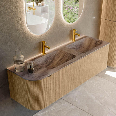 MONDIAZ KURVE-DLUX Meuble de salle de bains 145cm arrondi à gauche couleur Chêne avec 1 tiroir et 1 porte. Vasque LEAF Double / Droite 2 trous de robinet Oza.