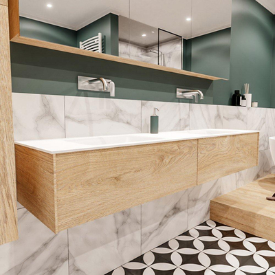 MONDIAZ LUSH Ensemble de meuble salle de bain - 180cm - 2 tiroirs - lavabo cloud - 2 lavabos - 0 trous de robinet - chêne blanchi