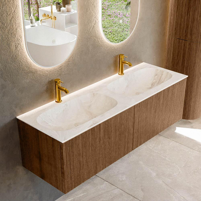 MONDIAZ KURVE-DLUX 140cm Meuble salle de bain - couleur Walnut - 2 tiroirs - vasque STOR SMALL double - 2 trous de robinet - couleur Frappe