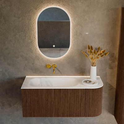 MONDIAZ KURVE Meuble de salle de bains 105 cm avec module 25 R couleur Walnut avec 1 tiroir et 1 porte. Lavabo BIG SMALL gauche sans trou de robinet Talc.