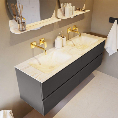 Mondiaz VICA-DLUX ensemble de meuble de salle de bain - 150cm - meuble sous-vasque gris foncé - 4 tiroirs - lavabo encastré cloud double - sans trous de robinet - version haute de 60cm - ostra