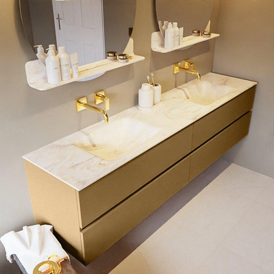 Mondiaz VICA-DLUX ensemble de meuble de salle de bain - 200cm - meuble sous-vasque oro - 4 tiroirs - lavabo encastré cloud double - sans trous de robinet - version haute de 60cm - ostra