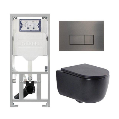QeramiQ Dely Swirl Toiletset - 36.3x51.7cm - Geberit UP320 inbouwreservoir - met Burda frame - slim zitting - gunmetal bedieningsplaat - rechthoekige knoppen - mat zwart