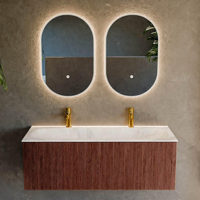 Mondiaz KURVE-DLUX Ensemble meuble de salle de bains - 120x46x40cm - 1 tiroir - lavabo solid surface - centre - 2 trous de robinet - Ruby
