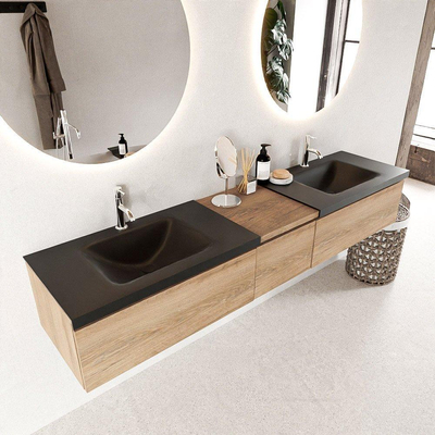 Mondiaz BUKLA badkamermeubelset 200x45x34cm 2 kraangaten 2 wasbakken solid surface Urban greeploos 3 lades met softclose Melamine Washed Oak