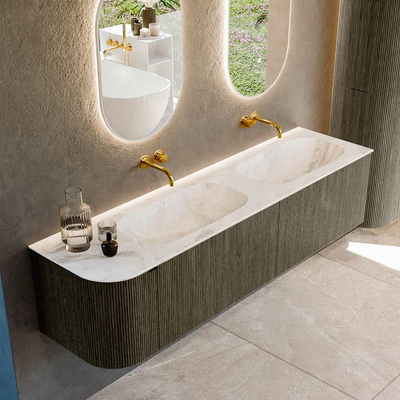 Mondiaz KURVE-DLUX Ensemble de meuble de salle de bains - 175x46x40cm - 2 tiroirs - 1 porte - lavabo solid surface - double / droite - sans trou de robinet - Shadow