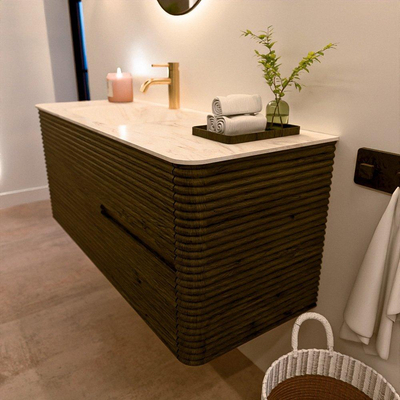 Mondiaz CIRO-DLUX Meuble de salle de bains - 120x45x50cm - Plan vasque solid surface Ostra - 1 lavabo à gauche - 1 trou de robinet - 2 tiroirs - Shadow