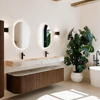 MONDIAZ THOR-DLUX 170cm meuble de salle de bains arrondi gauche + droite couleur Walnut avec 1 tiroir et 2 portes. Vasque suspendue CLOUD Double 2 trous de robinet couleur Frappe.