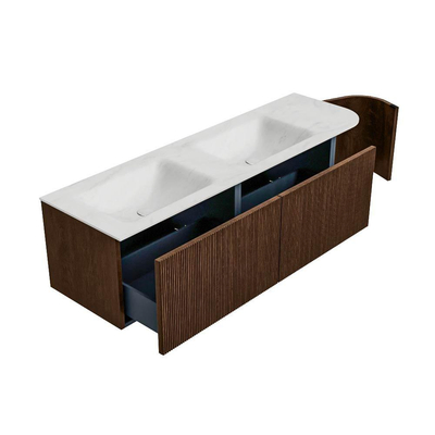 MONDIAZ KURVE-DLUX meuble de salle de bains 155 cm avec module 25 R couleur Walnut avec 2 tiroirs et 1 porte. Lavabo LEAF double / gauche 2 trous de robinet couleur Opalo.