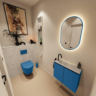 MONDIAZ TURE-DLUX Meuble toilette - 60cm - Jeans - EDEN - vasque Opalo - position gauche - 1 trou de robinet