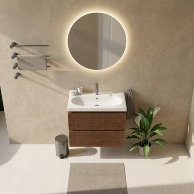Saniclass Holz Atelier Ensemble meuble de salle de bains - 80x45x63,5cm - lavabo en céramique Palermo blanc - 1 vasque - 1 trou de robinetterie - 2 tiroirs - walnut pure mat (bois)