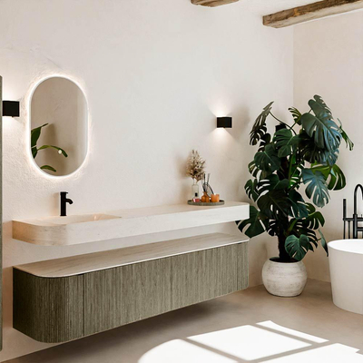 MONDIAZ THOR-DLUX 200cm meuble de salle de bains arrondi gauche + droite couleur Shadow avec 2 tiroirs et 2 portes. Vasque suspendue CLOUD Gauche 1 trou de robinet couleur Meli.