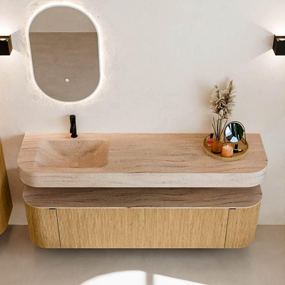 MONDIAZ THOR-DLUX 170cm badmeubel ronding links + rechts kleur Oak met 1 lade en 2 deuren. Vrijhangende wastafel CLOUD Links 1 kraangat kleur Saba.