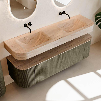 MONDIAZ THOR-DLUX 160cm meuble de salle de bains arrondi gauche + droite couleur Shadow avec 1 tiroir et 2 portes. Vasque suspendue CLOUD Double sans trou de robinet couleur Saba.