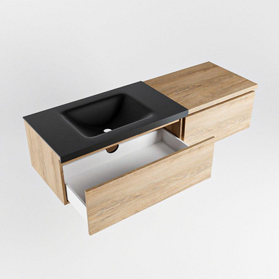 MONDIAZ BUKLA meuble de salle de bain 140 cm avec module 60 couleur Chêne blanchi avec 2 tiroirs. Lavabo CLOUD à gauche 1 trou de robinet couleur Urbaine.